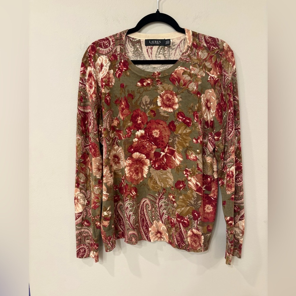 Ralph Lauren Black Label 2x Olive Floral Long-Sleeve light Weight Sweater